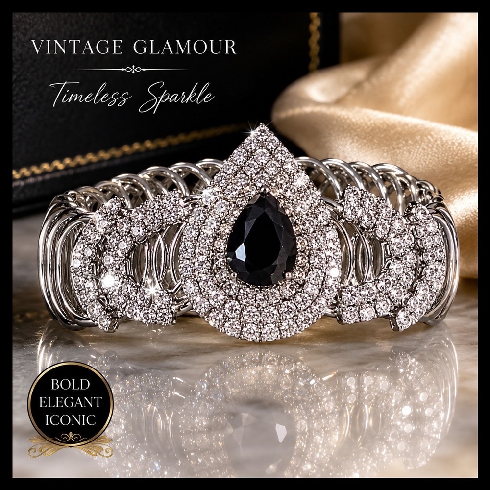 Chamack Black Crystal Statement Stretch Bracelet Rhinestone Glam 80s Y2K